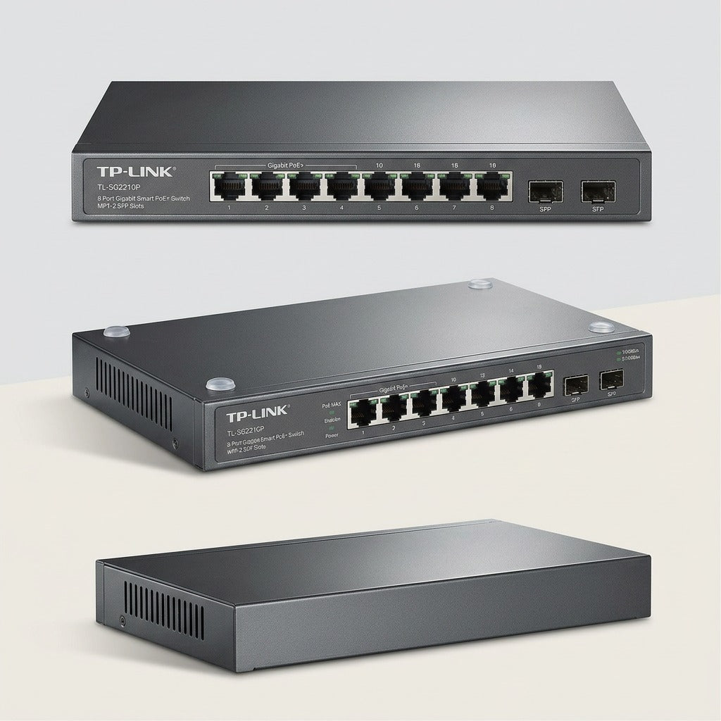 Three views of the TP-Link JetStream 8-port Gigabit Smart PoE+ switch showing front ports and back.