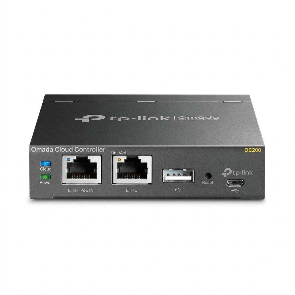 TP-Link OC200 Omada SDN hardware controller with Ethernet, USB, and status LEDs on white background.