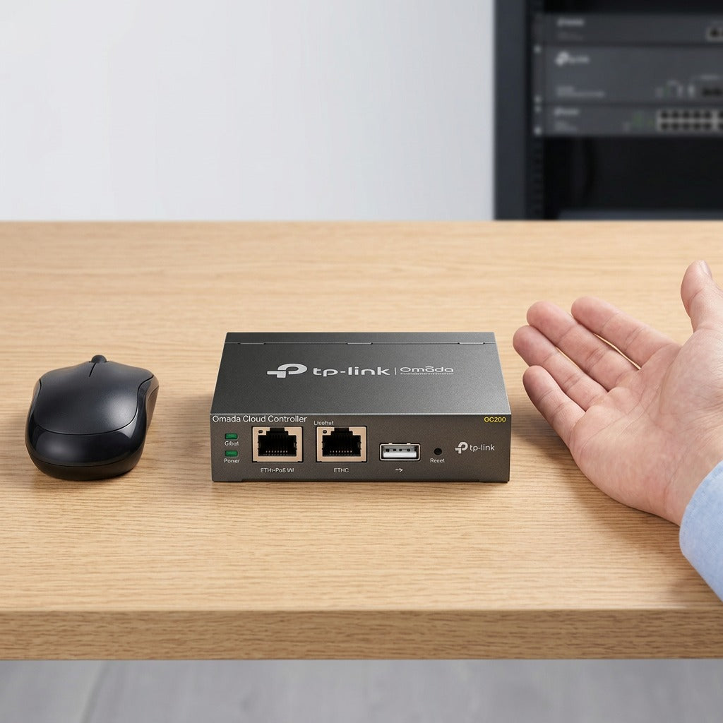 TP-Link Omada controller on a desk next to a computer mouse and hand showing its compact size.