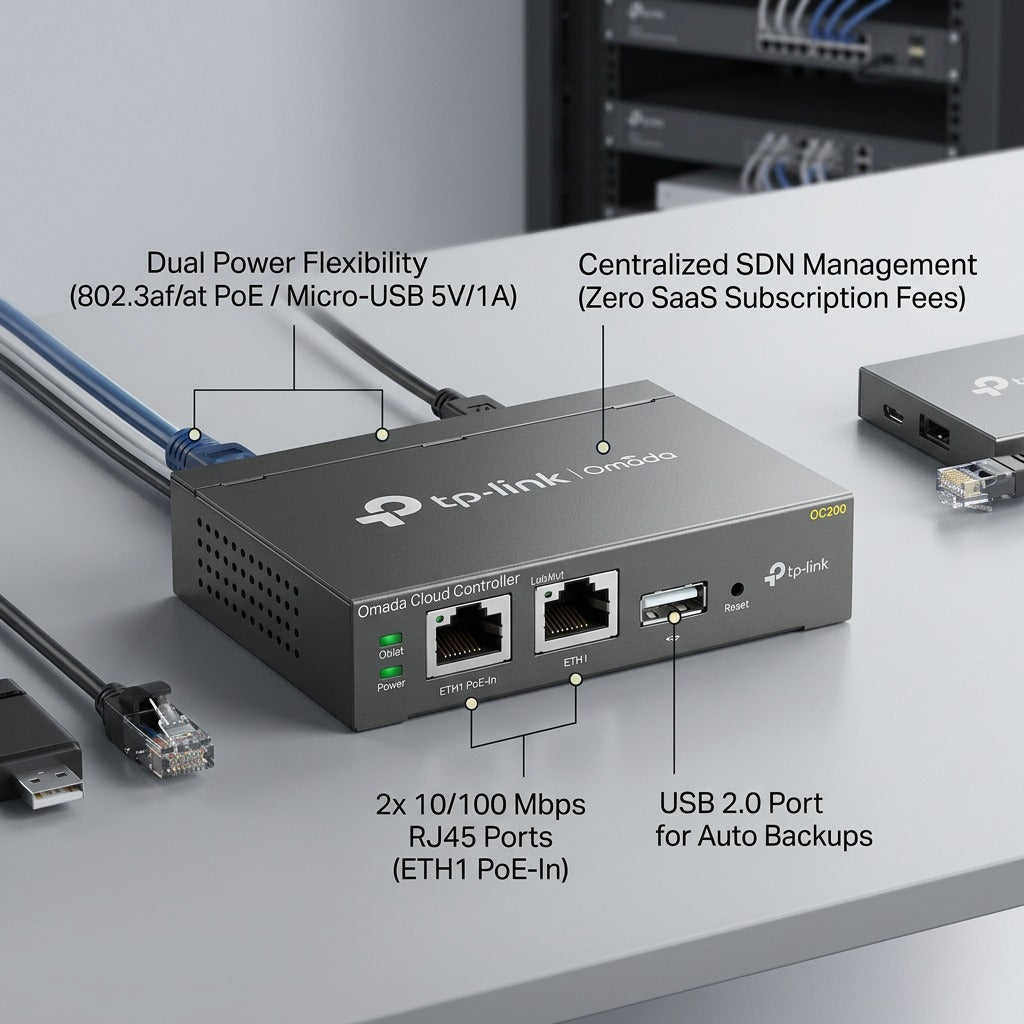 Feature diagram of TP-Link OC200 Omada SDN Controller highlighting PoE ports, USB, and power.