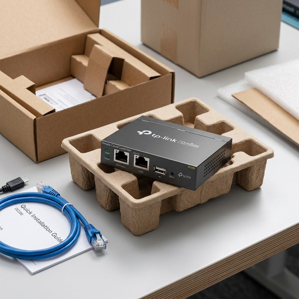 TP-Link OC200 Omada hardware controller unboxed in molded tray with cable and guide.