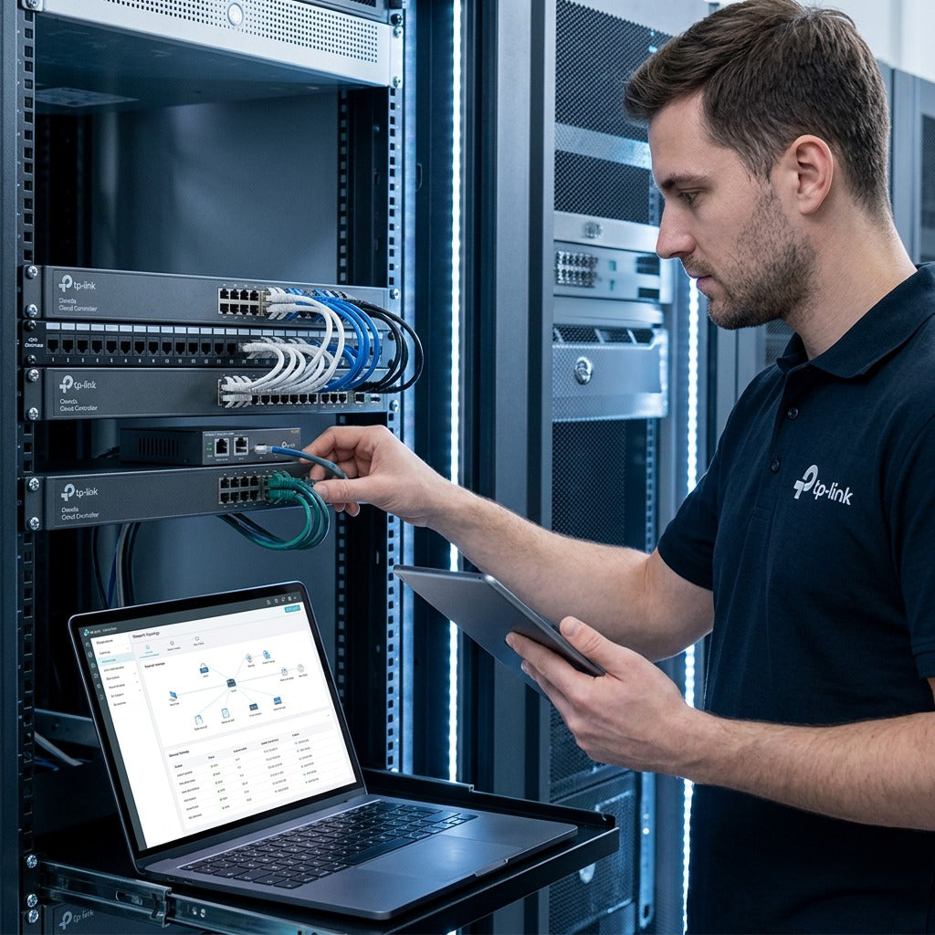 IT technician connecting an Ethernet cable to a TP-Link Omada controller in a server rack.