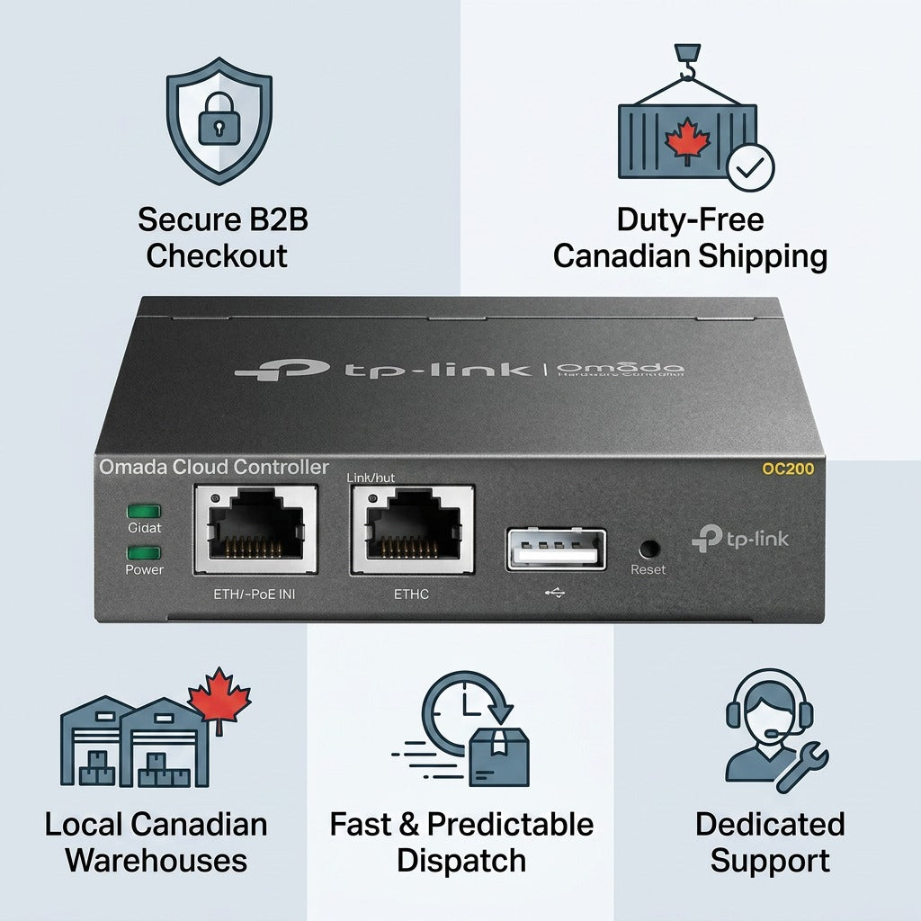 TP-Link OC200 Omada Cloud Controller shown with B2B shipping and support service features.