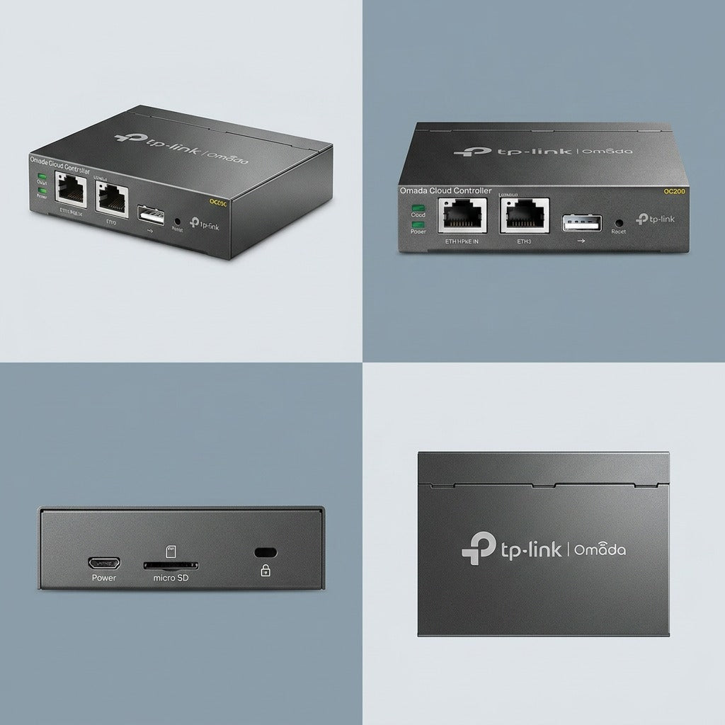 TP-Link OC200 Omada hardware controller shown in four angles: isometric, front, rear, and top view.