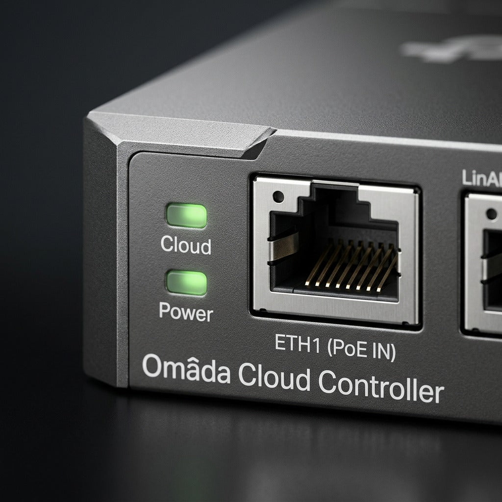 Macro detail of TP-Link Omada Controller showing ETH1 PoE IN port and illuminated Cloud and Power LEDs.