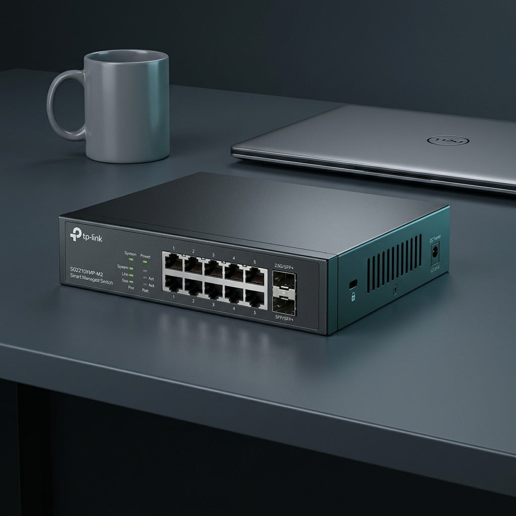 Compact TP-Link Omada SG2210XMP-M2 smart managed switch on a desk next to a mug and laptop