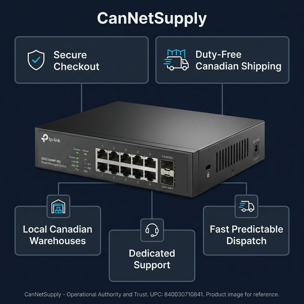 TP-Link Omada SG2210XMP-M2 switch with CanNetSupply service highlights on secure Canadian delivery.
