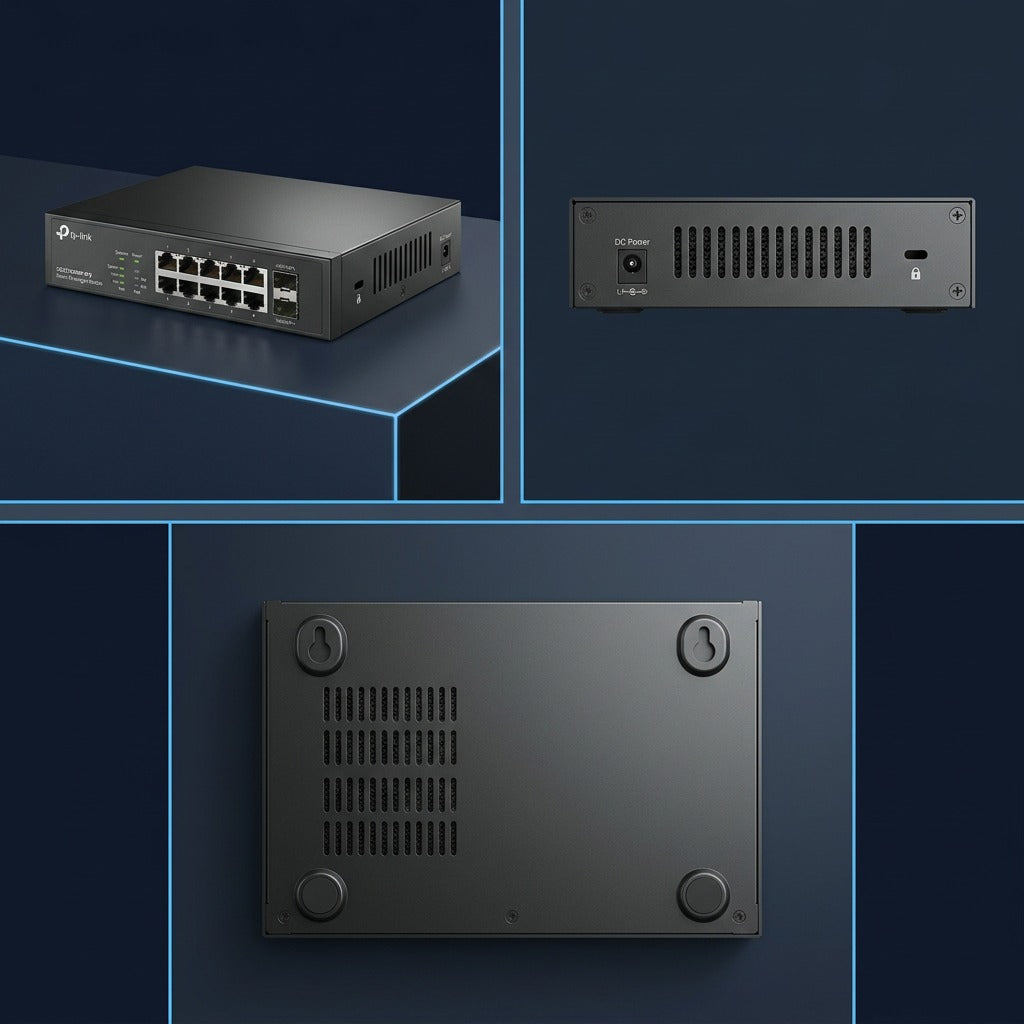 Multi-angle view of TP-Link Omada SG2210XMP-M2 switch showing front ports, rear panel, and base