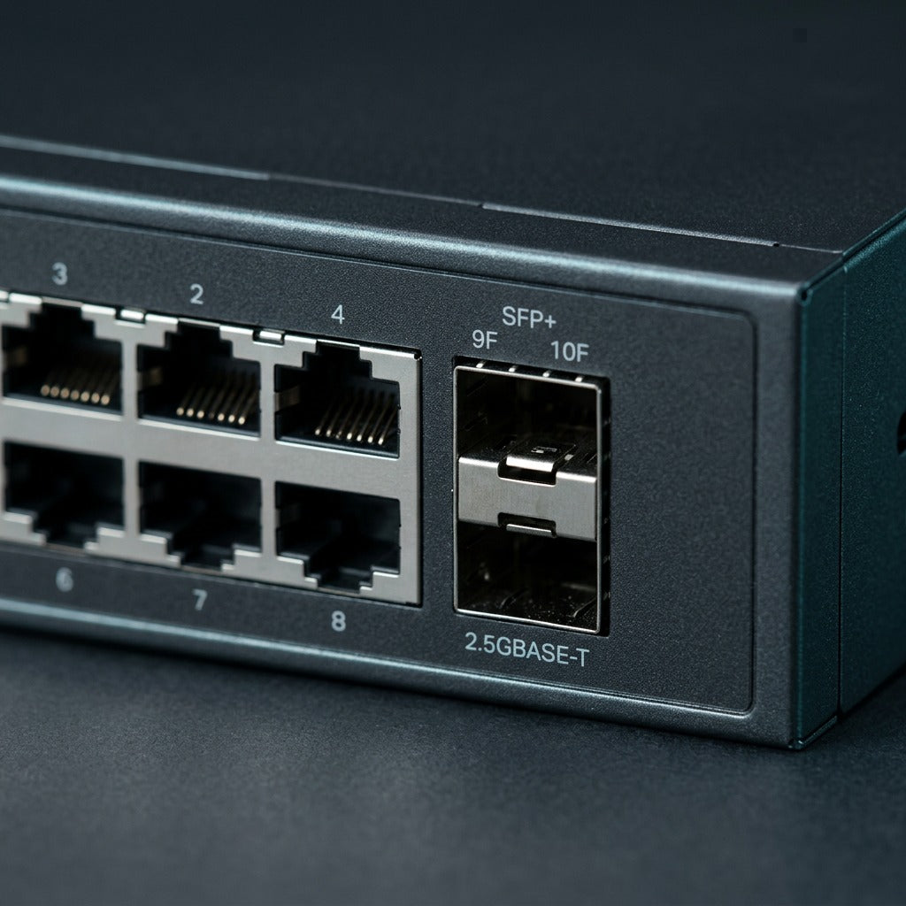 Close-up of RJ45 Ethernet ports and SFP+ uplink cage on TP-Link Omada switch SG2210XMP-M2.
