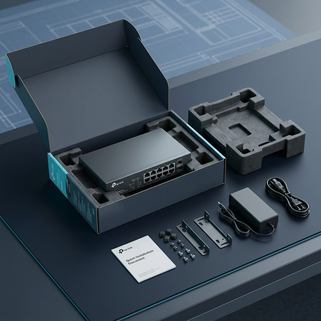 Unboxing TP-Link Omada SG2210XMP-M2 switch in packaging with power adapter, brackets, and guide.