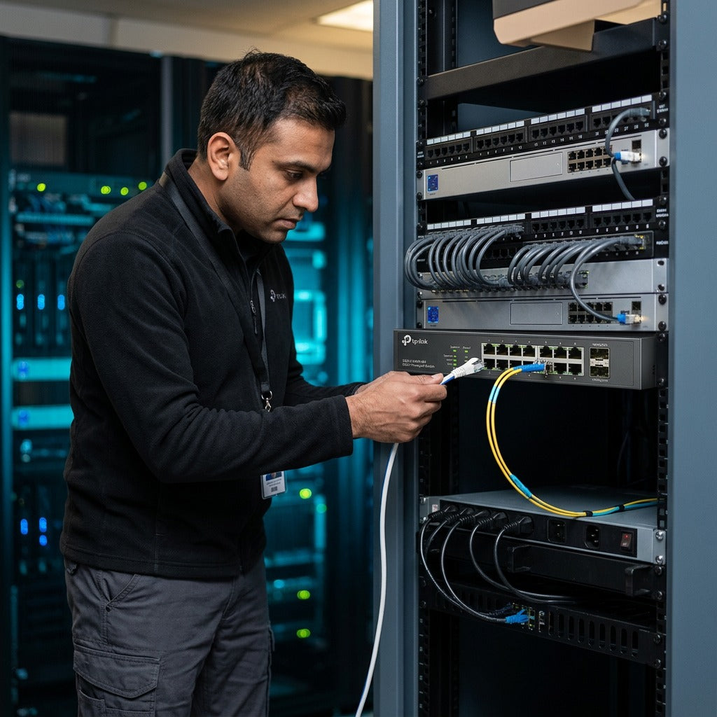 IT engineer connecting an Ethernet cable to a rack-mounted TP-Link Omada 8-port switch in a server room.