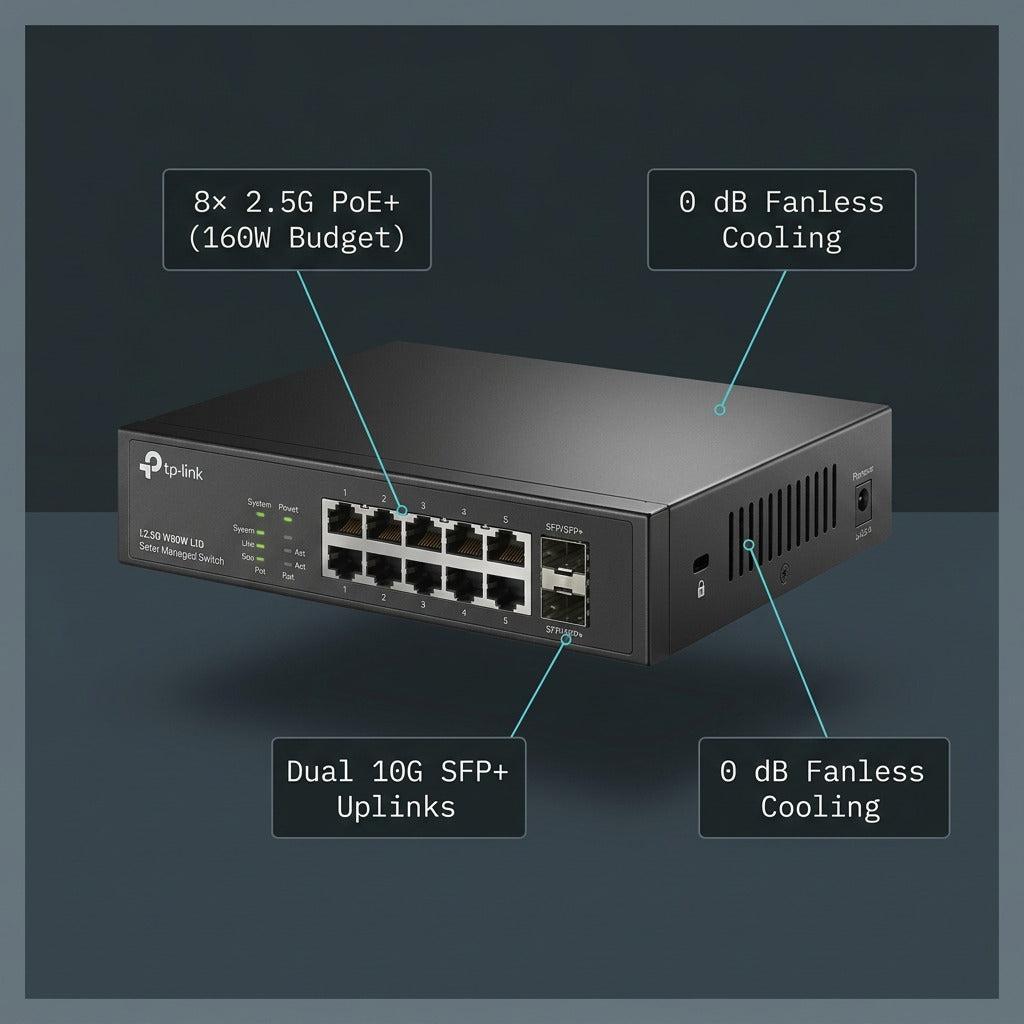 TP-Link Omada smart switch diagram highlighting 8 2.5G PoE+ ports, dual 10G SFP+ slots, and fanless design.