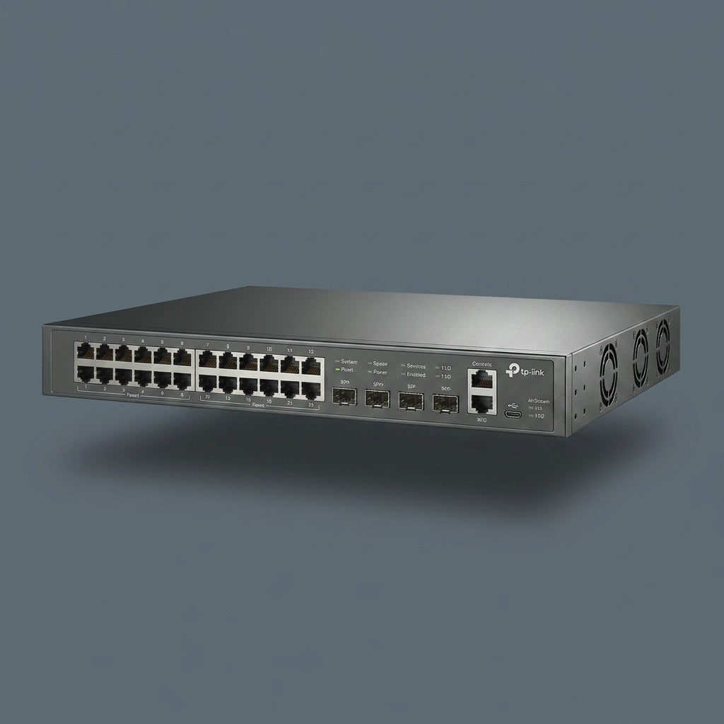 TP-Link JetStream 24-port 2.5G and 4-port 10G SFP+ rackmount managed switch shown on a gray background.