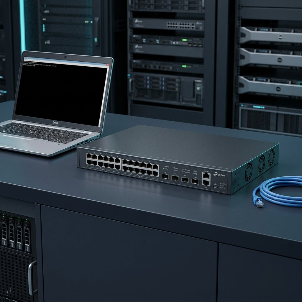 TP-Link JetStream 24-Port 2.5G managed switch on a lab bench next to a laptop and network cable.