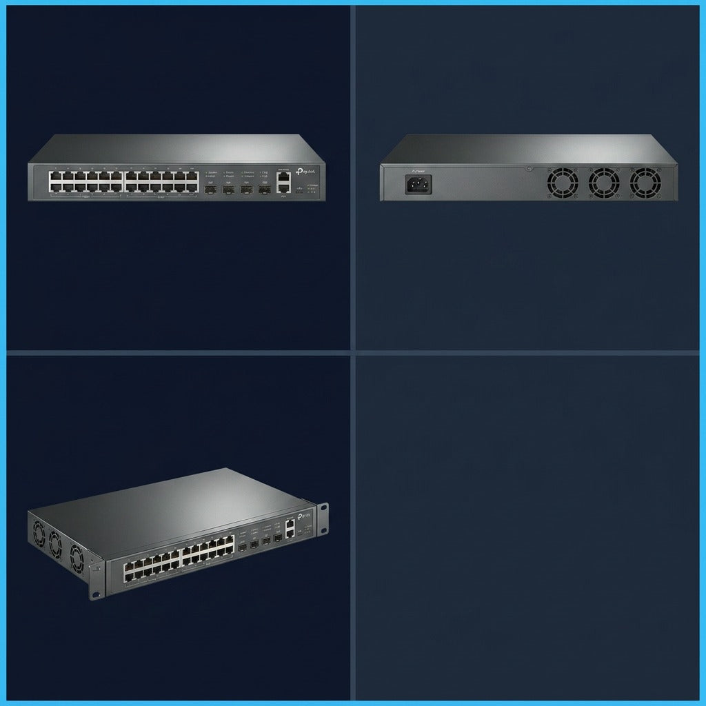 Multi-angle views of the TP-Link SG3428XPP-M2 switch showing front ports, rear fans, and rackmount.