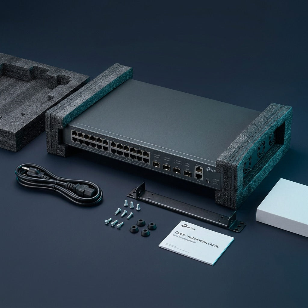 Unboxed TP-Link managed switch in protective foam with power cord, rackmount bracket, screws, and manual.