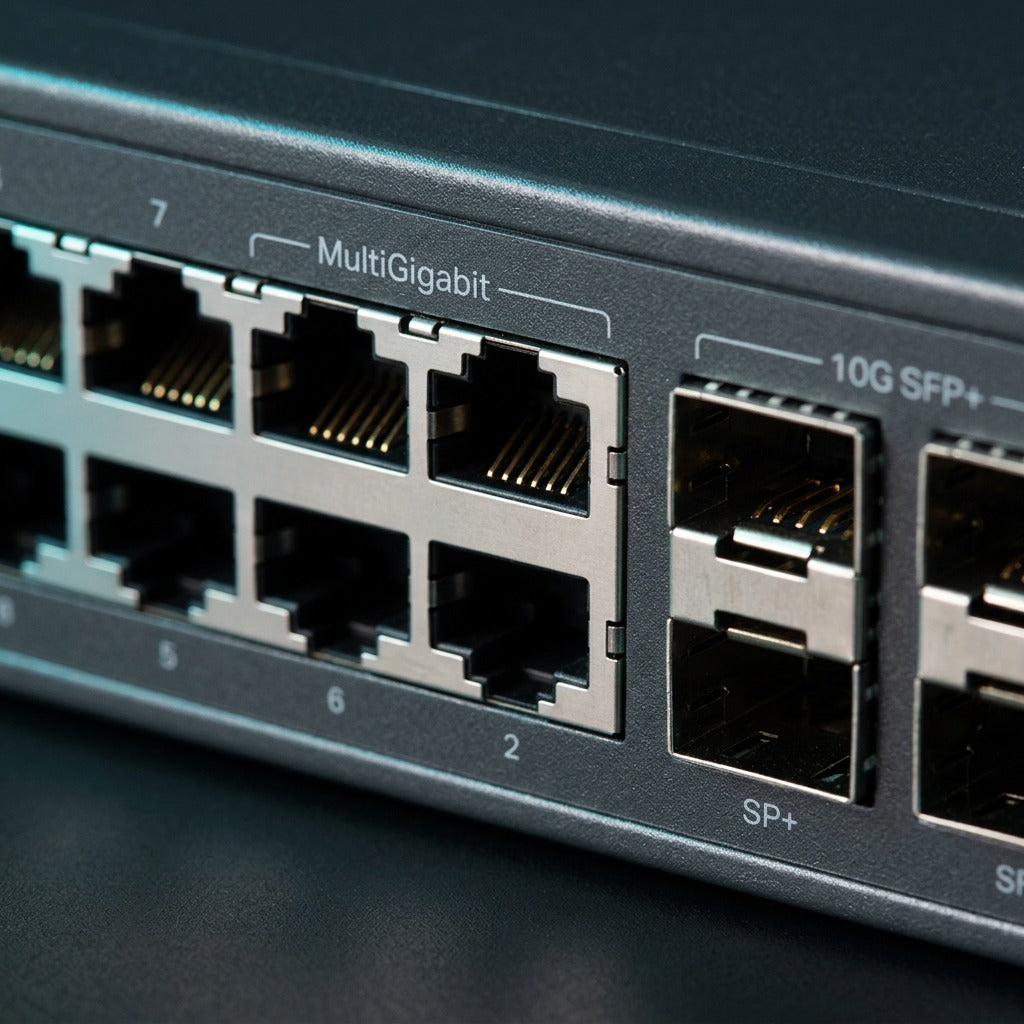 Macro close-up of MultiGigabit RJ45 Ethernet and 10G SFP+ ports on a TP-Link switch.