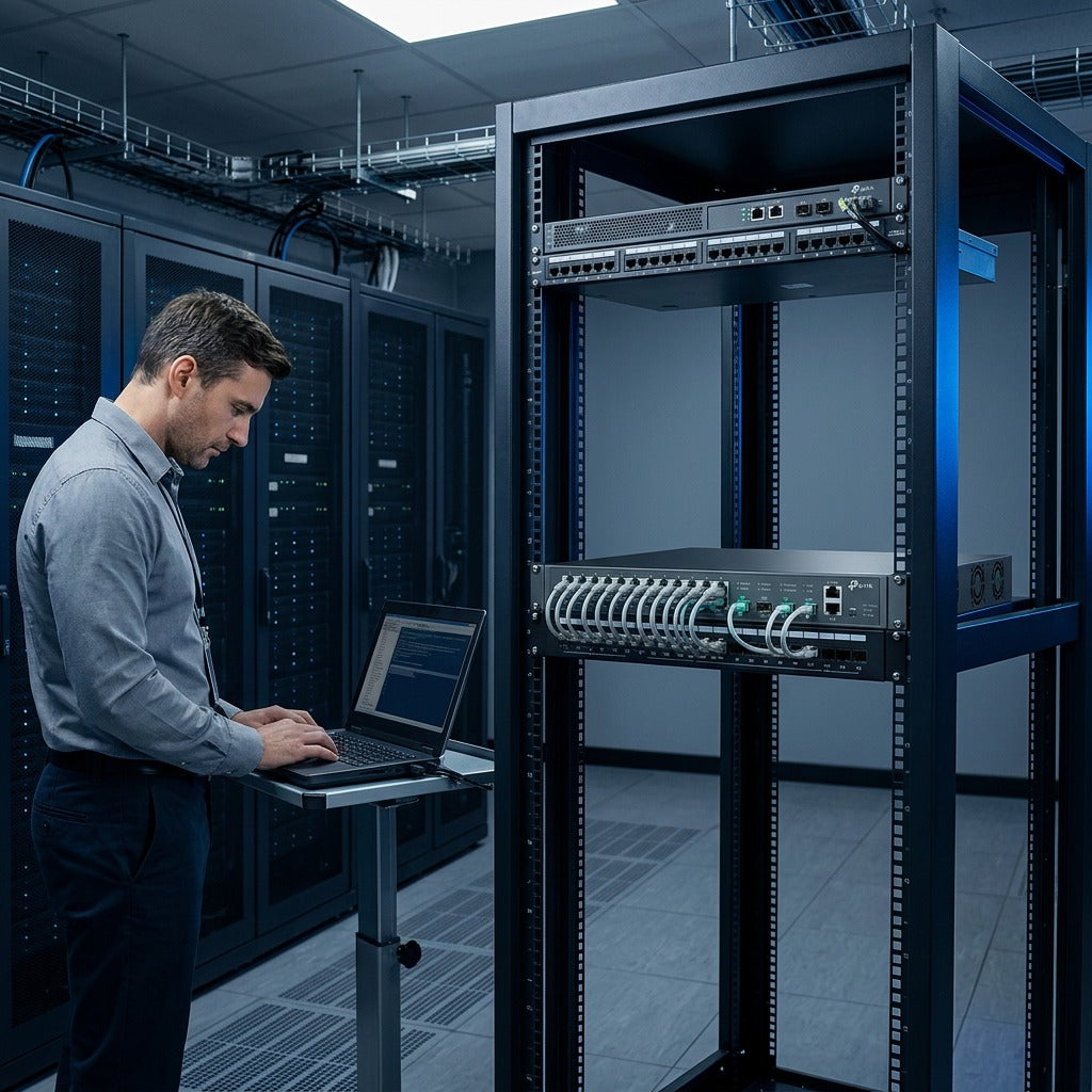 IT technician working on a laptop beside a rack-mounted TP-Link JetStream switch in a server room