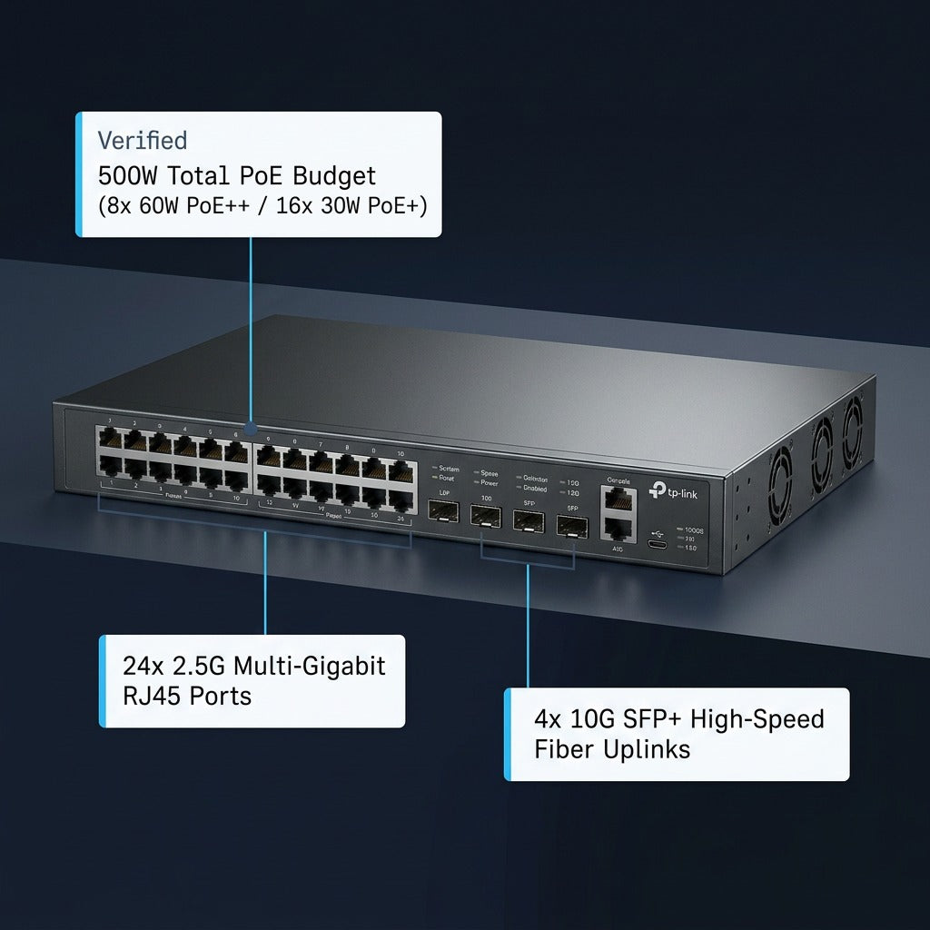 TP-Link JetStream 24-Port 2.5G managed switch with 500W PoE budget and 4 10G SFP+ uplink callouts.