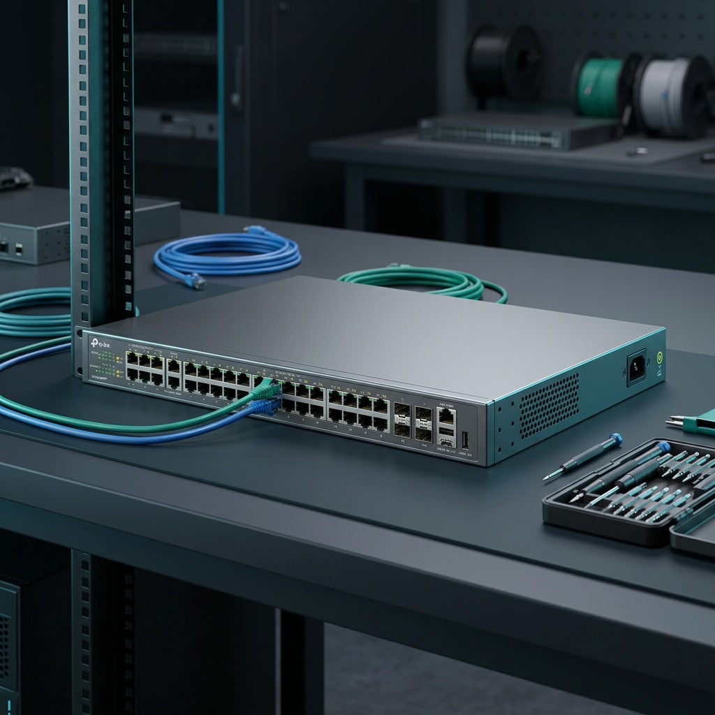 TP-Link SG5452XMPP 48-port PoE++ switch on a workbench with rack rails, cables, and tools.