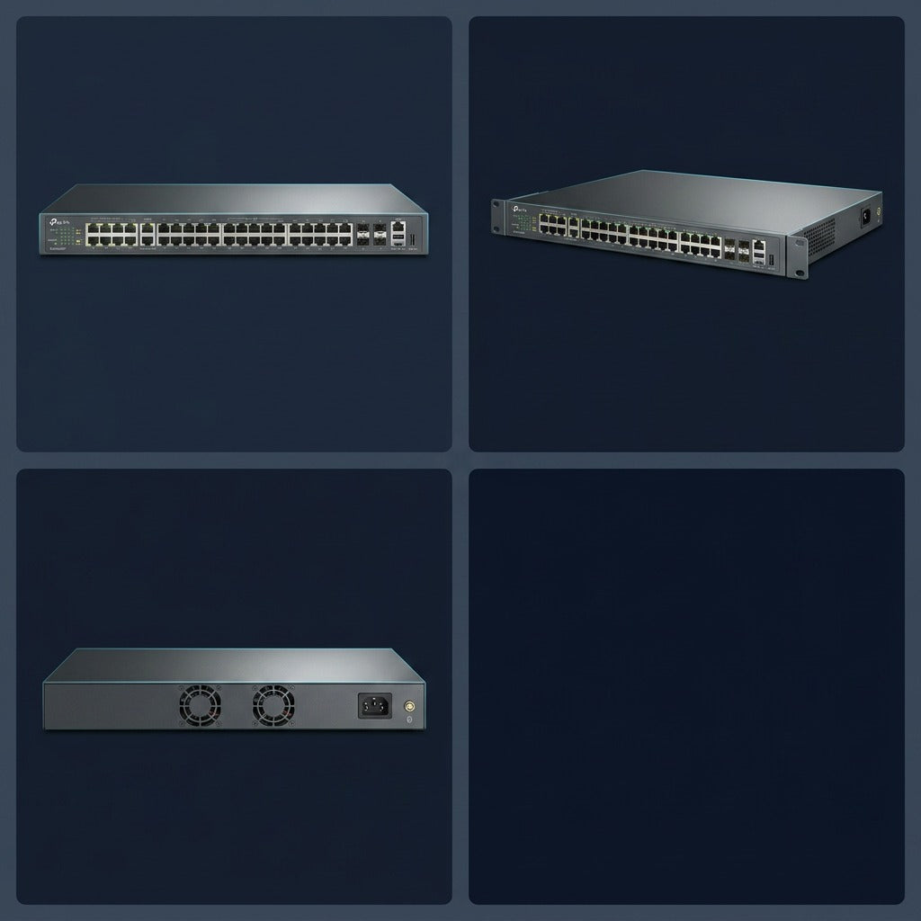 Front, angled, and rear views of the TP-Link Omada SG5452XMPP 48-port PoE++ switch.