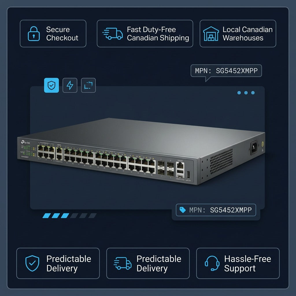 TP-Link SG5452XMPP 48-port switch shown with trust icons for shipping, secure checkout, and support.