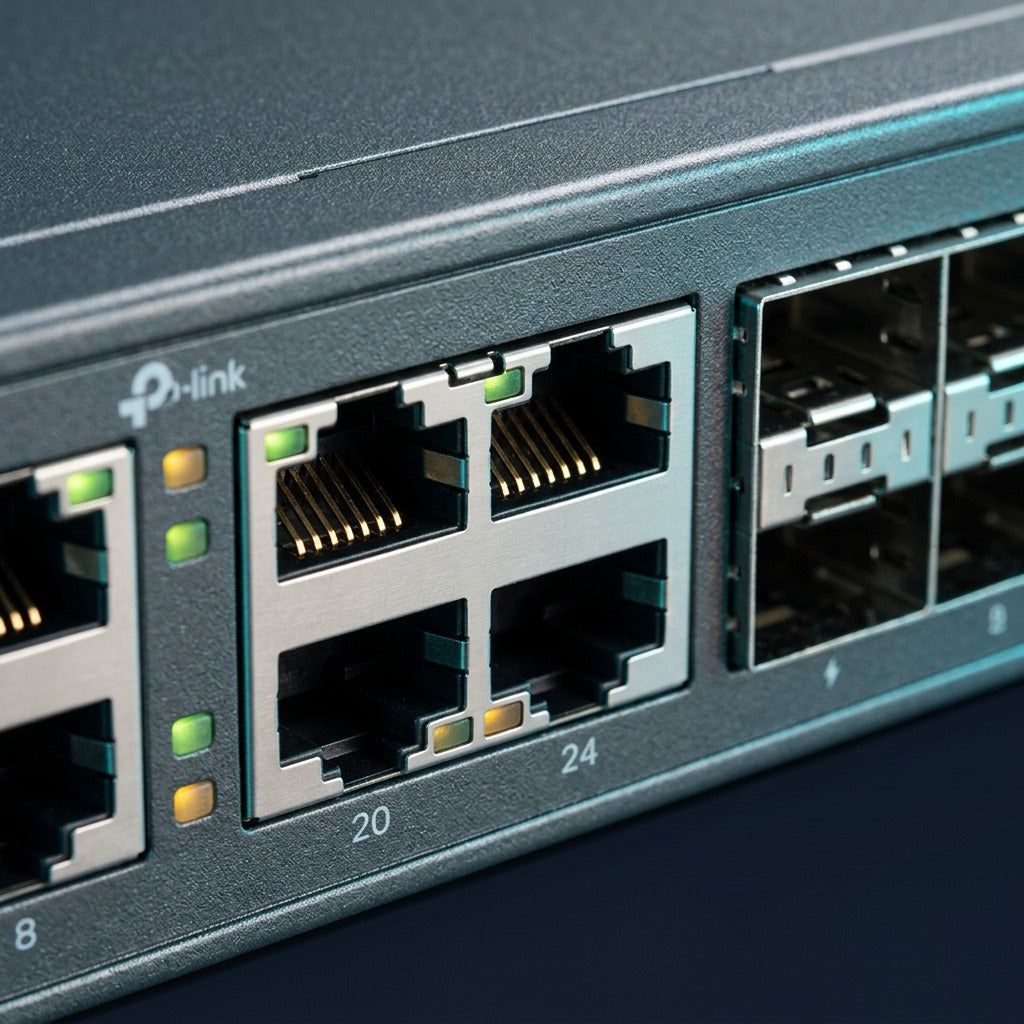 Macro close-up of TP-Link SG5452XMPP switch Ethernet RJ45 ports, LED indicators, and SFP+ slots.