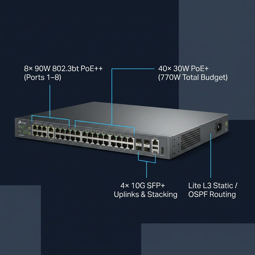 Feature callout diagram of TP-Link SG5452XMPP 48-port switch highlighting PoE and 10G SFP+ ports.