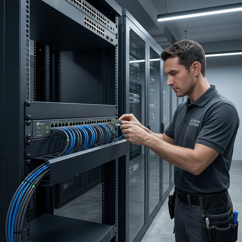 IT engineer connecting network cables into a TP-Link SG5452XMPP PoE switch inside a server rack.