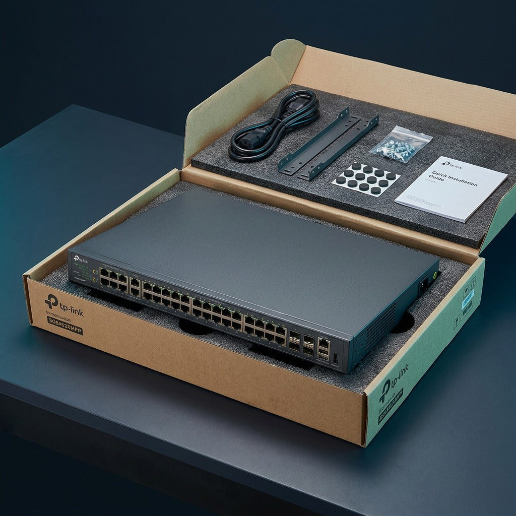 TP-Link SG5452XMPP switch unboxed with power cord, rackmount brackets, screws, and manual.