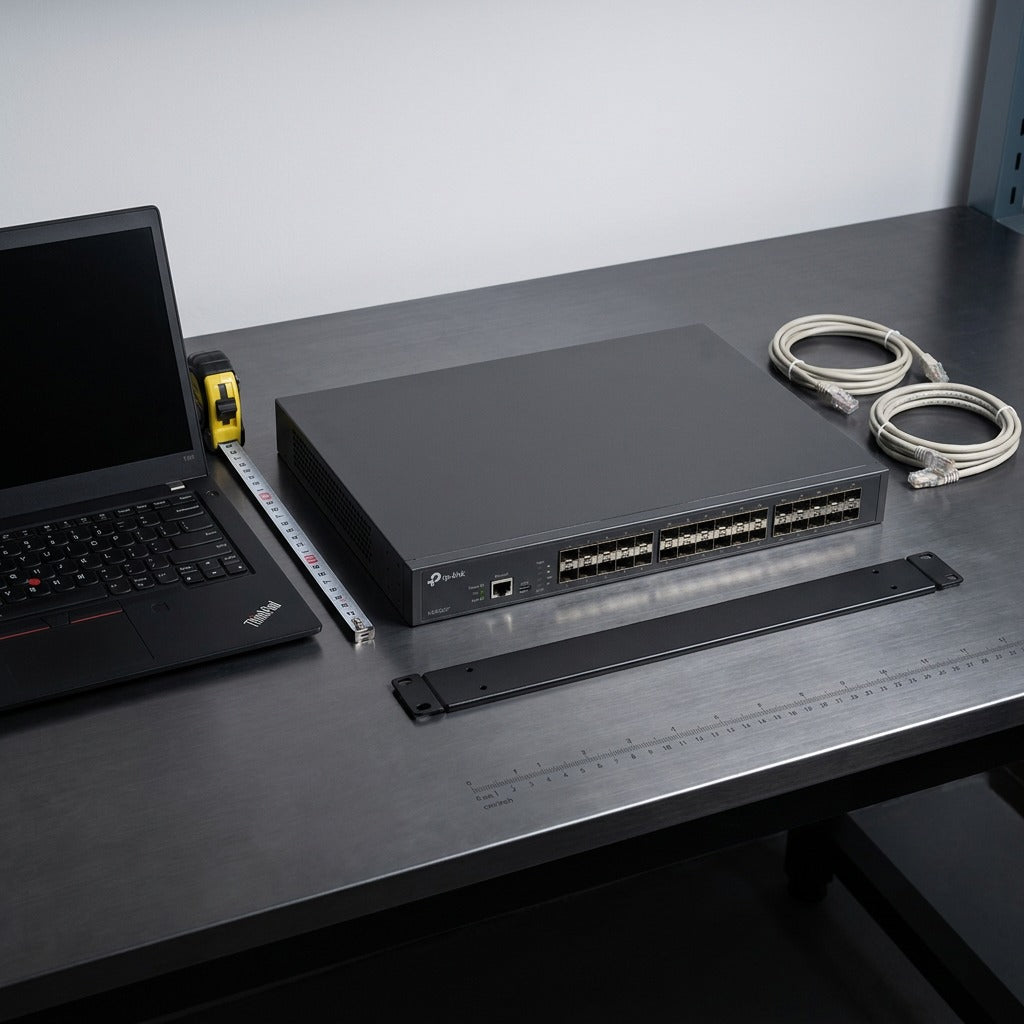 Scale reference of the TP-Link SX3032F switch beside a laptop, tape measure, and rack mount rail.