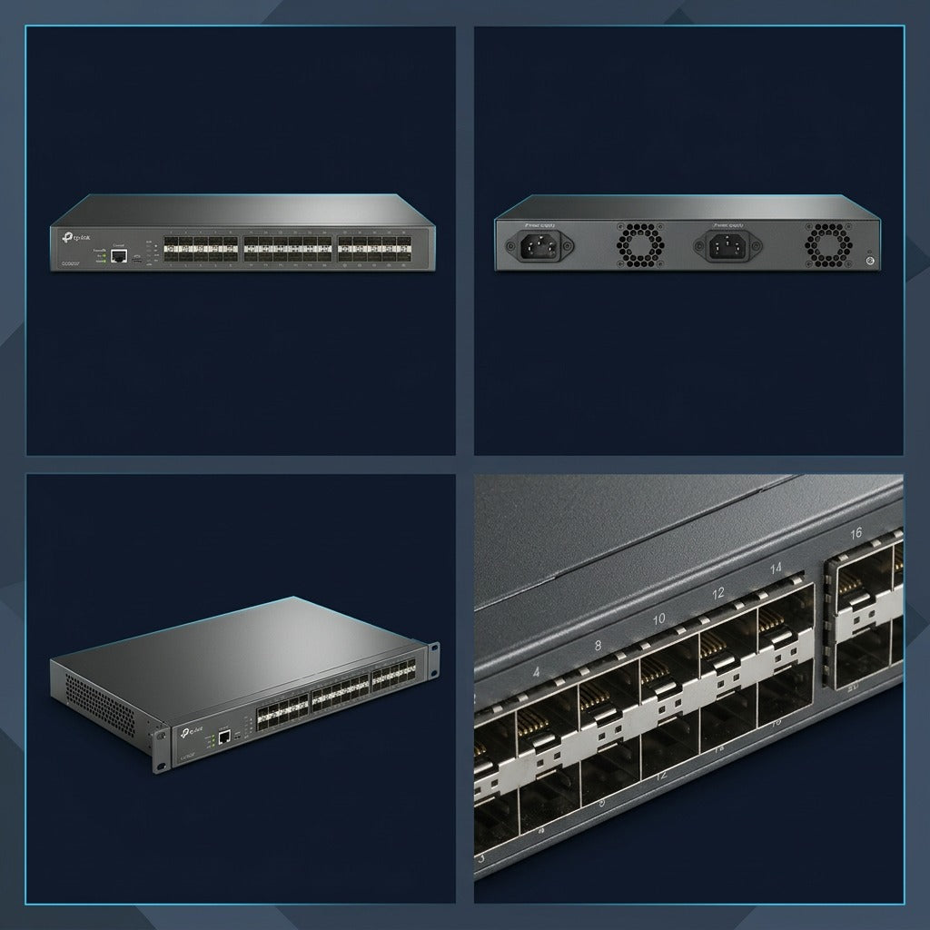 Multi-angle view of TP-Link SX3032F switch showing front ports, rear power inputs, and rack ears.
