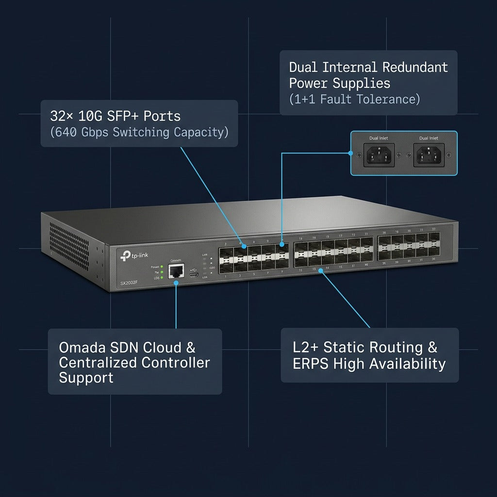 Feature callout diagram of TP-Link SX3032F 32-port 10GE SFP+ L2+ managed switch with dual power.