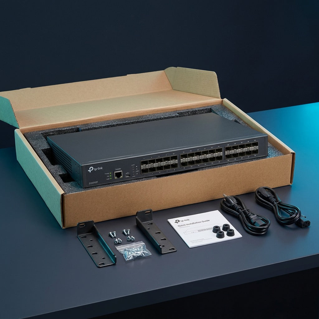 TP-Link SX3032F switch in open box packaging with rackmount ears, power cables, and accessories.