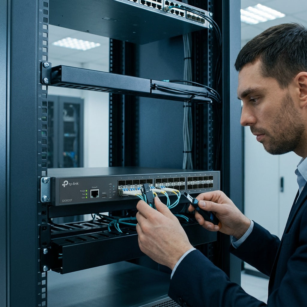 IT engineer connecting fiber optic cables to a TP-Link SX3032F switch in a data center rack.