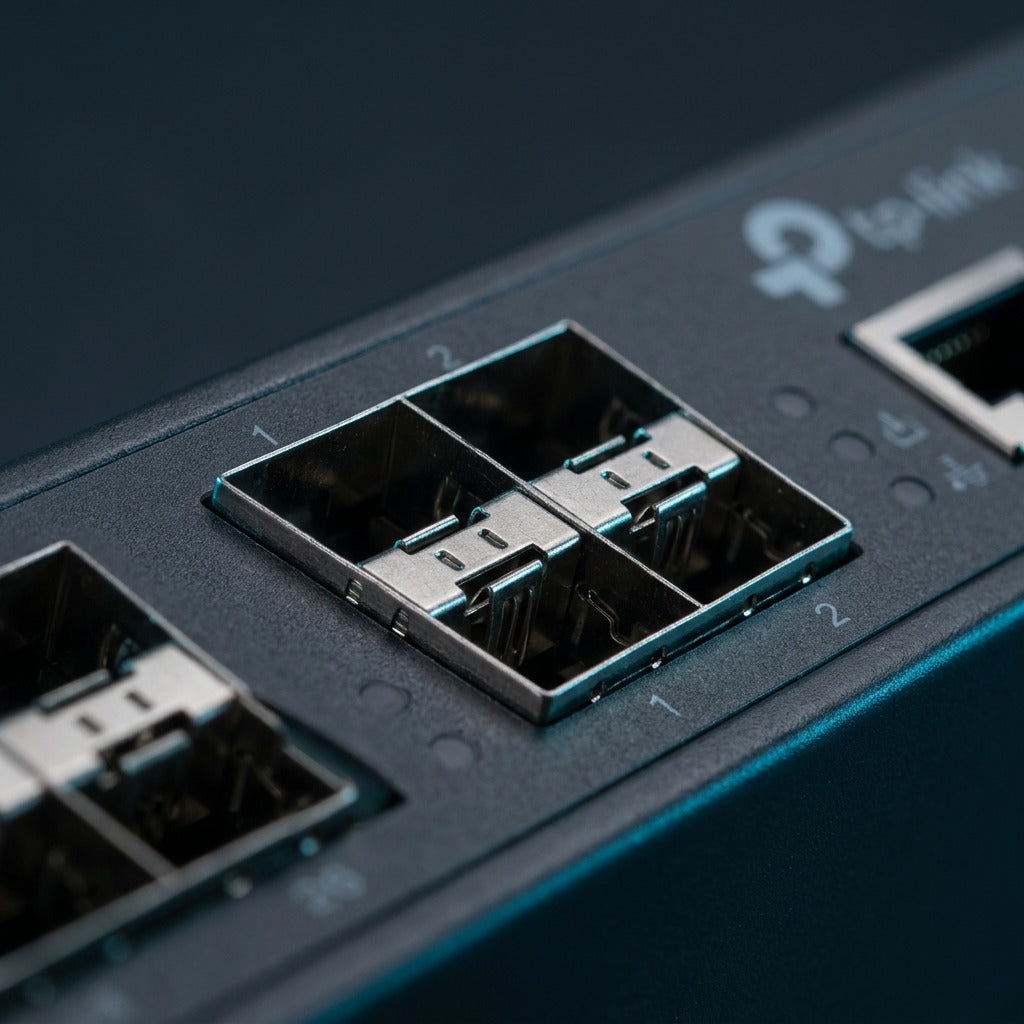 Macro detail of SFP+ optical ports and metallic cages on a TP-Link SX3032F switch panel.