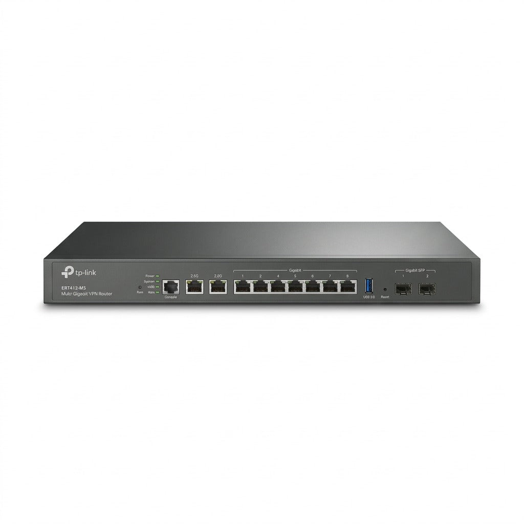 TP-Link Omada multi-gigabit VPN router ER7412-M2 front view showing ethernet and SFP ports.