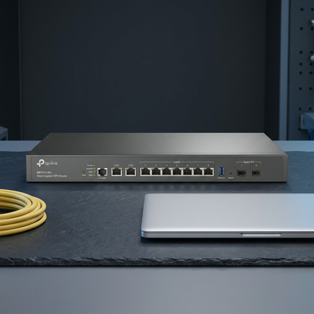 TP-Link Omada Multi-Gigabit VPN Router shown on a desk next to a closed laptop and yellow cable.