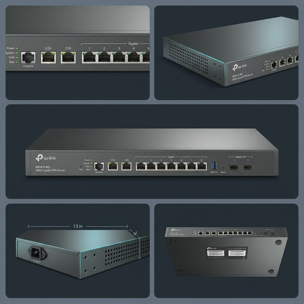 Multi-angle view of the TP-Link Omada Multi-Gigabit VPN Router showing front ports and metal chassis.