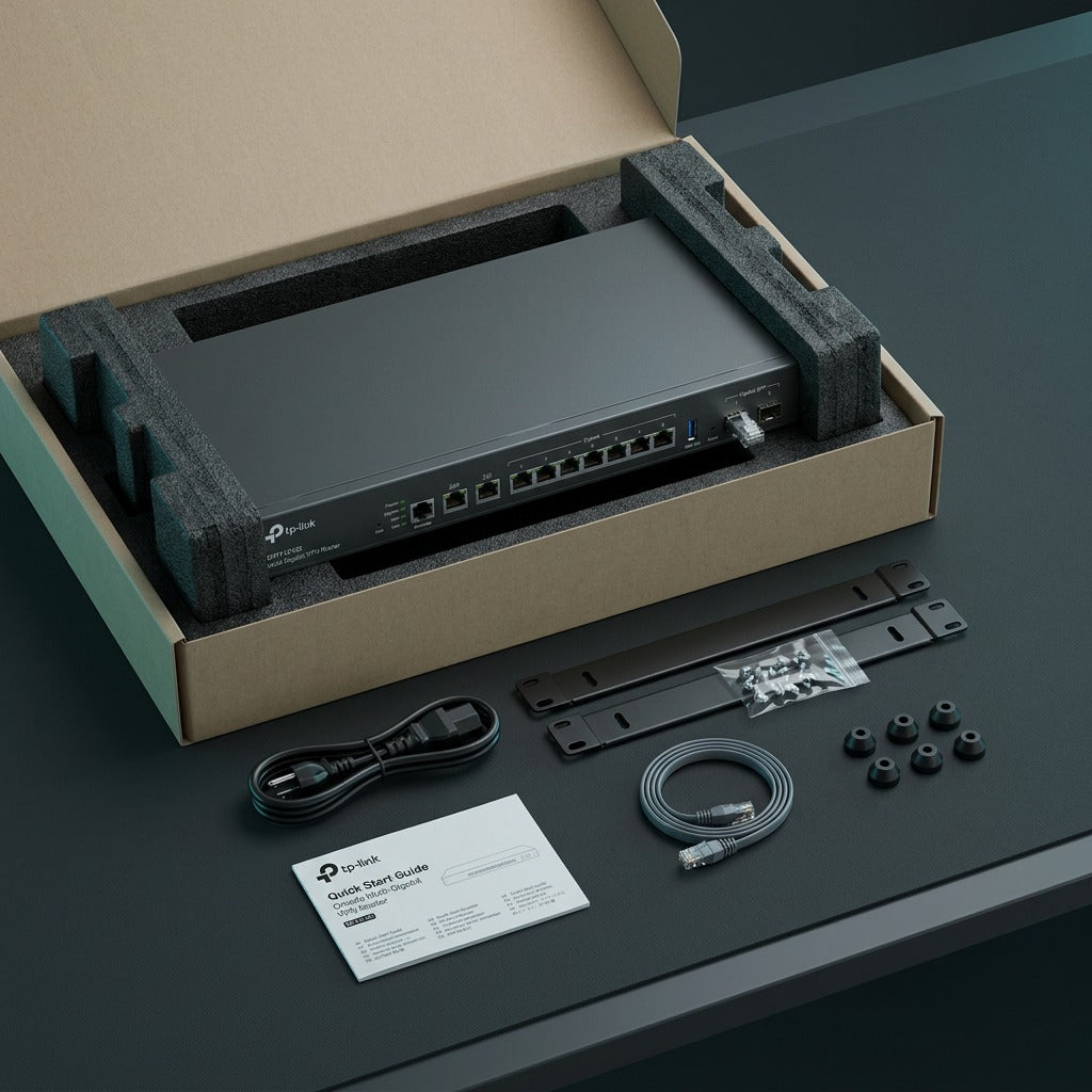 TP-Link Omada ER7412-M2 multi-gigabit VPN router in box with rackmount brackets, cables, and guide.