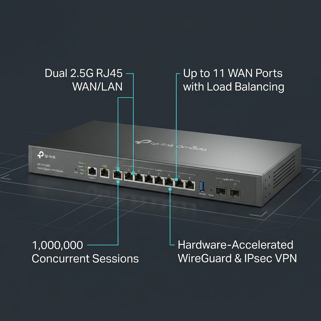 TP-Link Omada Multi-Gigabit VPN Router with callouts for dual 2.5G ports, multi-WAN, and VPN features.