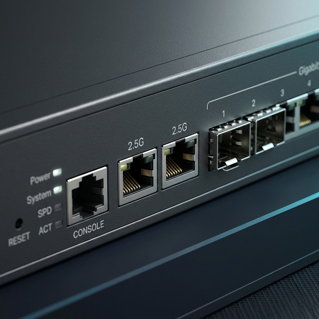 Close-up of TP-Link Omada ER7412-M2 router front panel showing 2.5G Ethernet, console, and SFP ports.