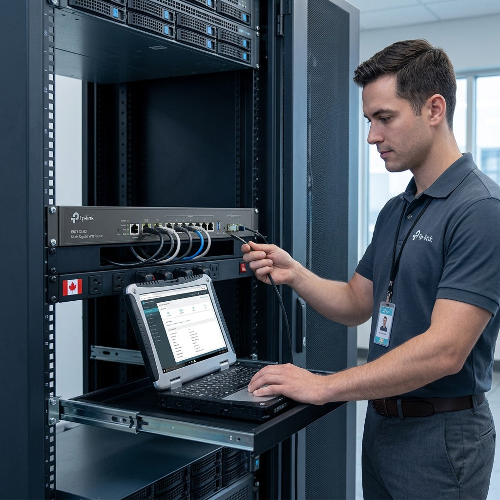 IT technician configuring a rack-mounted TP-Link ER7412-M2 Omada Multi-Gigabit VPN router with a laptop.