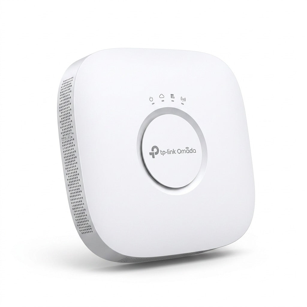 TP-Link Omada EAP783 Wi-Fi 7 ceiling mount access point in white with status LED indicator icons