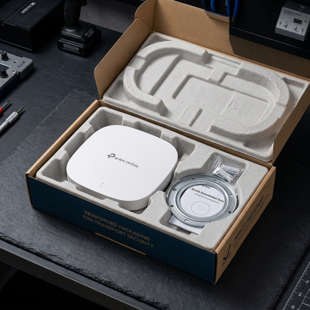 Open box showing the TP-Link Omada Wi-Fi 7 access point with mounting hardware in protective packaging.