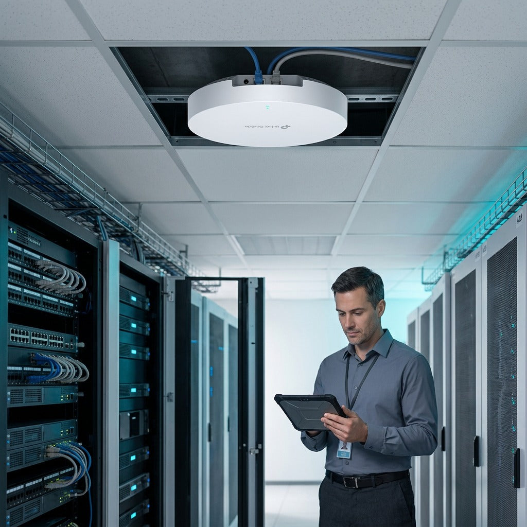 TP-Link Omada ceiling-mounted Wi-Fi 7 access point installed in a server room with an IT technician.
