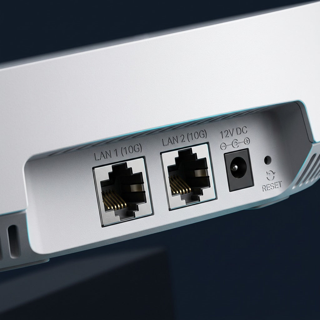Close-up of TP-Link Omada EAP783 access point rear ports: dual 10G LAN, 12V DC jack, and reset button.