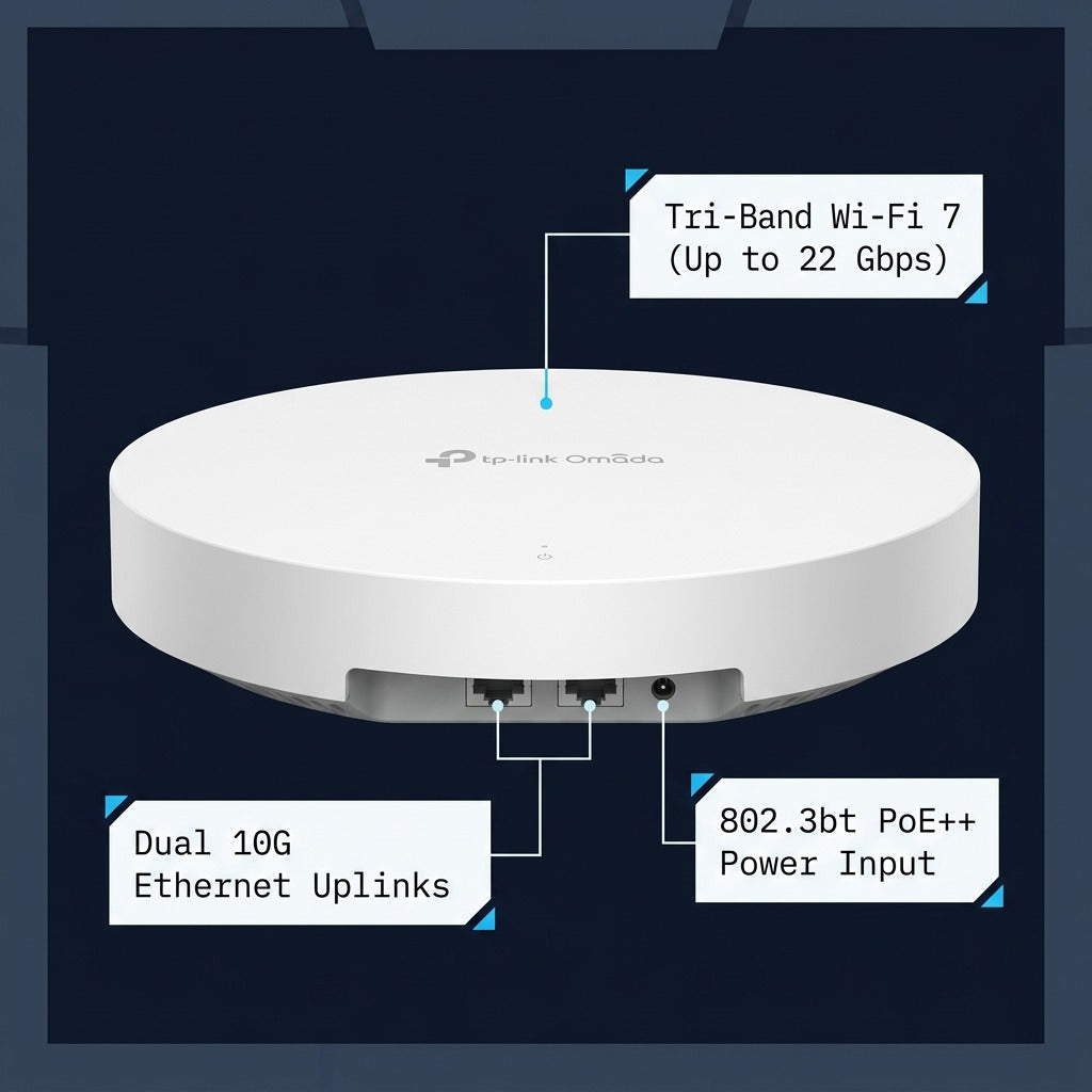 Feature callout of TP-Link Omada Wi-Fi 7 access point showing dual 10G ports and PoE++ power input.