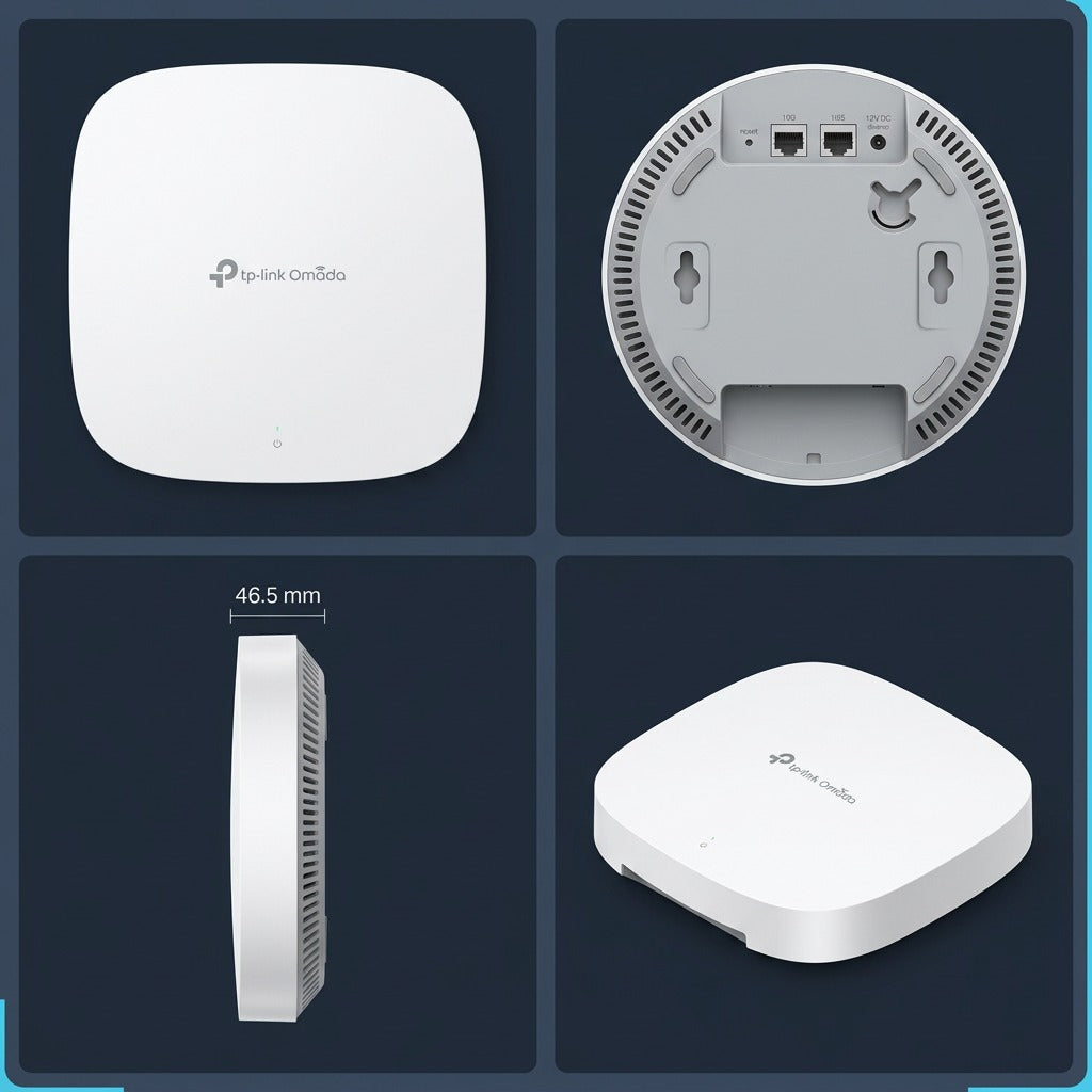 Multi-angle views of the TP-Link Omada EAP783 Wi-Fi 7 access point, including ports and profile.
