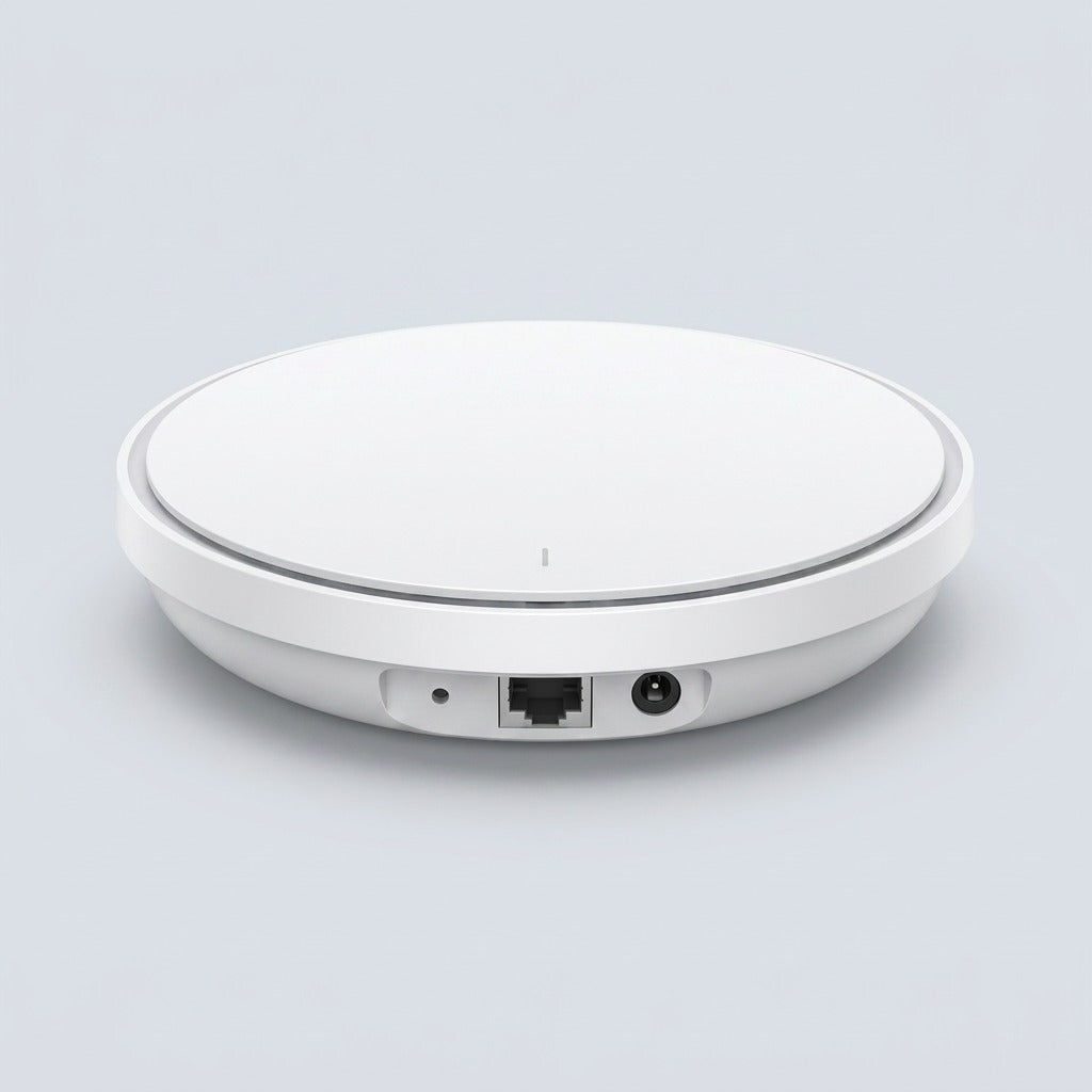 TP-Link Omada EAP773 Wi-Fi 7 access point showing circular matte white design and Ethernet port